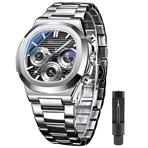 Tiong Fashion Sliver Black Chronograph Date Watch for Men Quartz Wristwatches Stainless Steel with Luminous Business Watches-Sliver Black