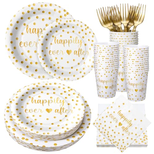 MotiMind 120 Pcs Happily Ever After Tableware Set Wedding Reception Party Table Decorations White and Gold Dot Paper Plates Cups Napkins Forks for 24 Guests Wedding Bridal Shower Engagement Party