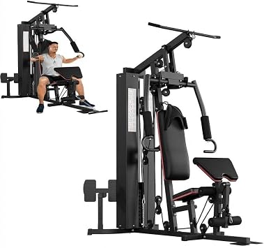 Multifunctional Home Gym Equipment - 150LB Weight Stack Workout Station for Full Body Strength Training, High/Low Pulley System with Leg Press & Butterfly Arms