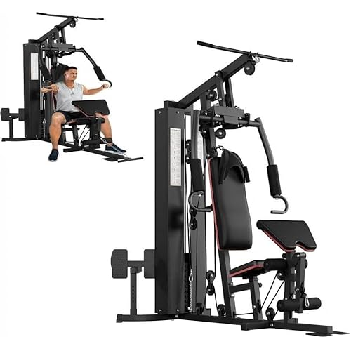 Multifunctional Home Gym Equipment - 150LB Weight Stack Workout Station for Full Body Strength Training, High/Low Pulley System with Leg Press & Butterfly Arms