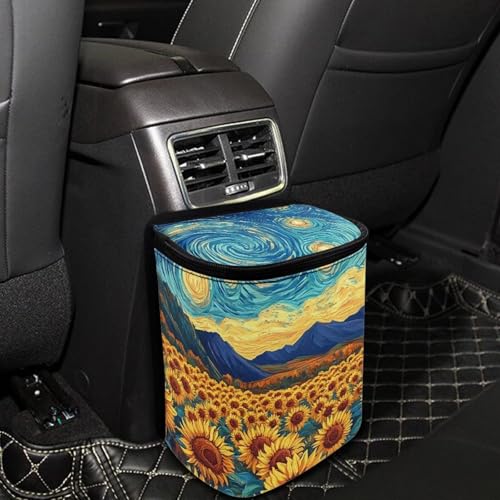 Image of Sunflowers Pattern Car Trash Can with Lid Car Trash Bag Bin Hanging Waterproof Garbage Cans Leak Proof Vehicle Trash Can Multipurpose Storage Container for Back Seat Road