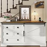 Farmhouse 5 Drawers Dresser & Storage Cabinet, 56' Long Dresser for Bedroom with Barn Sliding Door, Chest of Drawers with Charging Station, Wood Dresser TV Stand for Living Room, Entryway, White