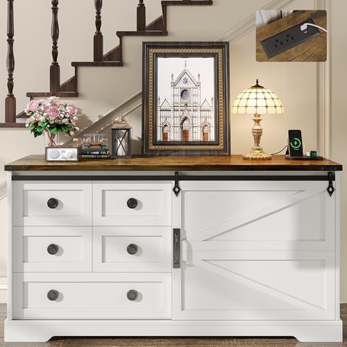 Farmhouse 5 Drawers Dresser & Storage Cabinet, 56\" Long Dresser for Bedroom with Barn Sliding Door, Chest of Drawers with Charging Station, Wood Dresser TV Stand for Living Room, Entryway, White