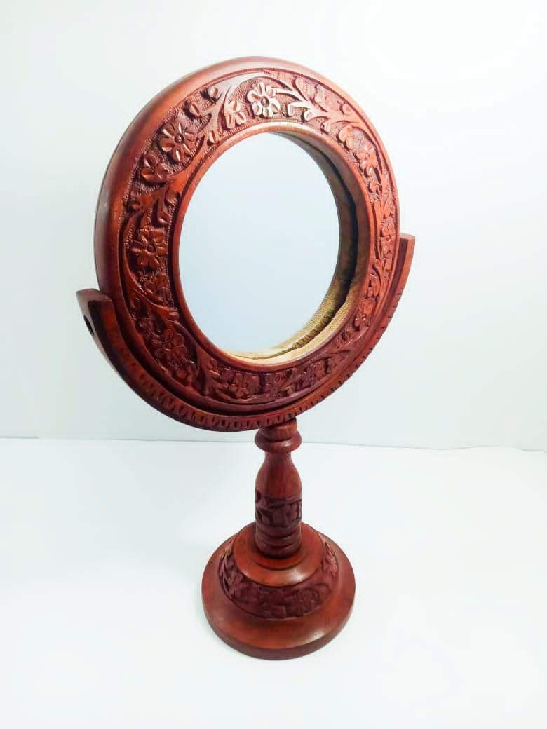 Deluxe Wood Handicrafts Round Shape handcraved Wooden Antique rotateable Vanity Mirror //Tabletop Round Makeup and Shaving Mirror-image-21