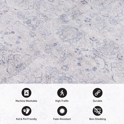 Rugshop Ocean/Blue Transitional Vintage Bordered Runner Rug — Machine Washable, 2'6"x10' for Hallway, Entryway and Kitchen