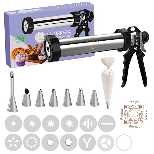 Churreira profissional de aço inoxidável 304 sem BPA, certificada pela UE, kit para churros, casulos e bolachas com manga de pastelaria de 41 cm, 12 discos, 7 bicos e receitas QR - YARANA
