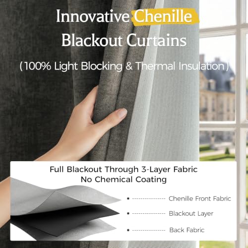Image of Chenille 100% Blackout Curtains 90 Inches Long for Bedroom, Warm Grey