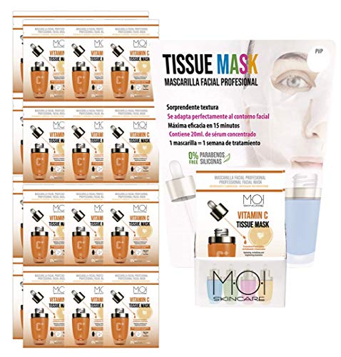 Pack 24 Mascarillas faciales Vitamin C Tissue Mask hidratante revitalizante e iluminadora 1 uso M·O·I SkinCare con Expositor de REGALO