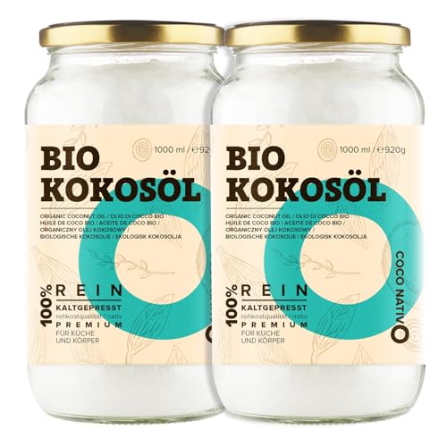 Kokosöl Bio CocoNativo 2x1000ml (2L) - Coconut Oil - Kokosnussöl in Rohkostqualität - Reines Kokosfett - Bio Kokosöl zum Kochen, Braten und Backen, für die Haare, Zähne und Haut