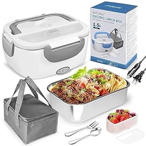 AUTOPkio Electric Lunch Box Food Heater, 12V 24V 110V Heating Lunchbox for Car Truck Home Work, 1.5L Removable Stainless Steel Container Fork & Spoon (Grey)