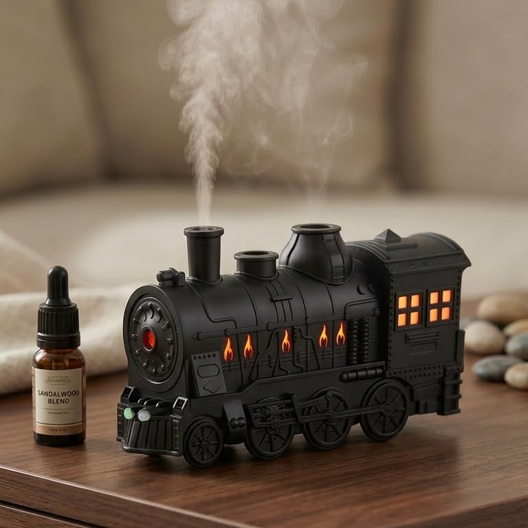 Vintage Train Locomotive Aroma Diffuser Cool Mist Humidifier Essential Oil Aromatherapy Vaporizer 2-Color LED Breathing Light Dual Modes Timer Black-image-41