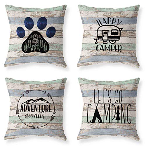 Joyceoo Outdoor Camping Travel Style Throwing Pillow Covers- Pillow Covers Cotton Linen - Woodgrain Camping Happy Camper-18" X 18" Set Of 4 #TOP14