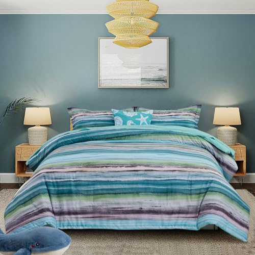 Holawakaka Beach Stripe Bedding Sets 6 Pieces, Aqua Coastal Striped