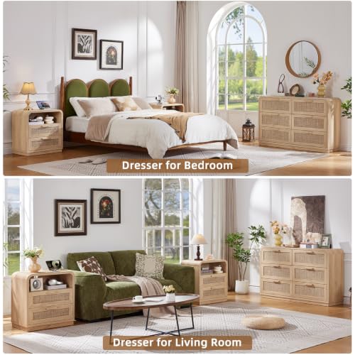 Image of LEYAOYAO Rattan 6 Drawer Dresser for Bedroom, Natural Wood | Boho 49 inch Wide Curved Dressers & Chests of Drawers with Solid Wood Handle & 5 inch Deep Drawers & Anti-Tip Safety