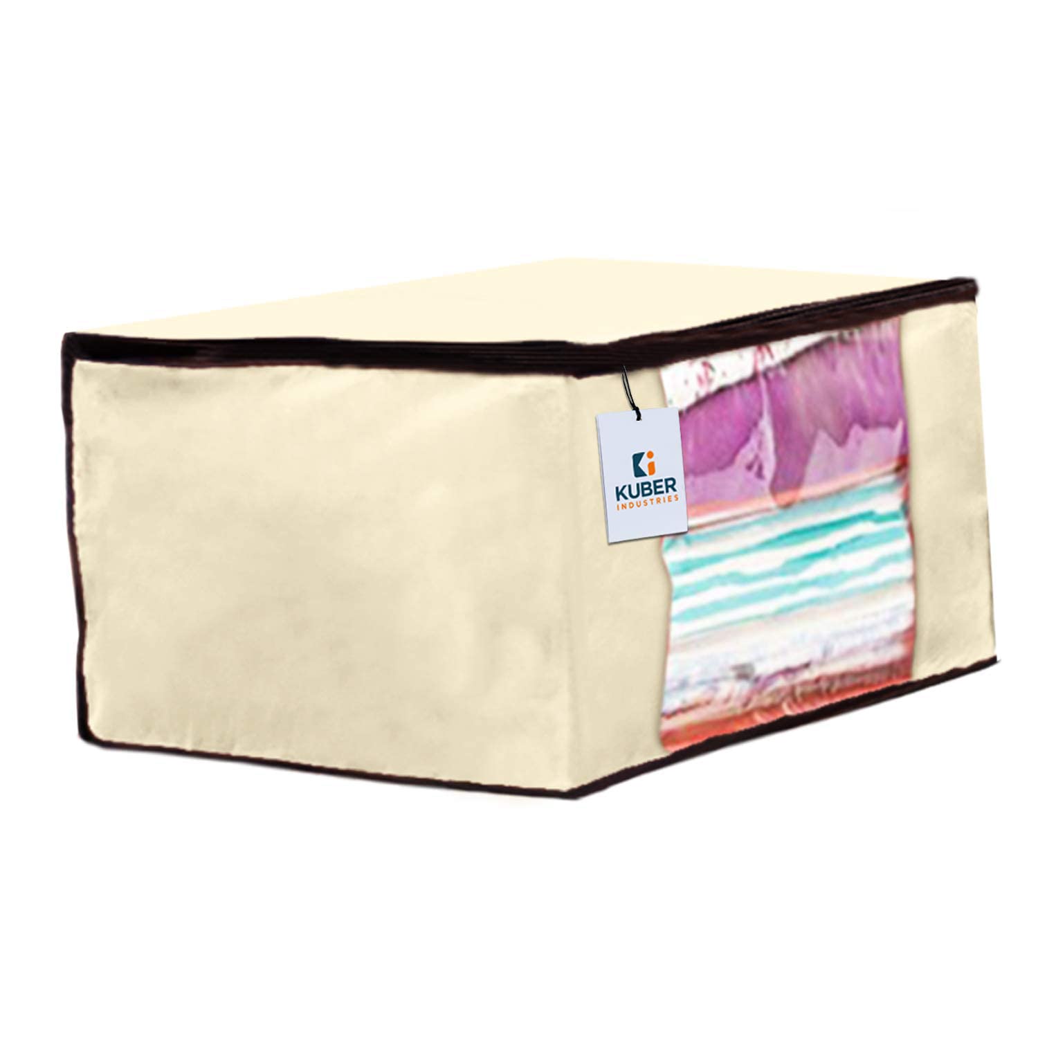 Kuber Industries Fundas plegables para sari con cremallera, organizador de ropa no tejida para armario, ribetes negros con ventana transparente, adecuado para Lehenga, traje, vestido, paquete de 12