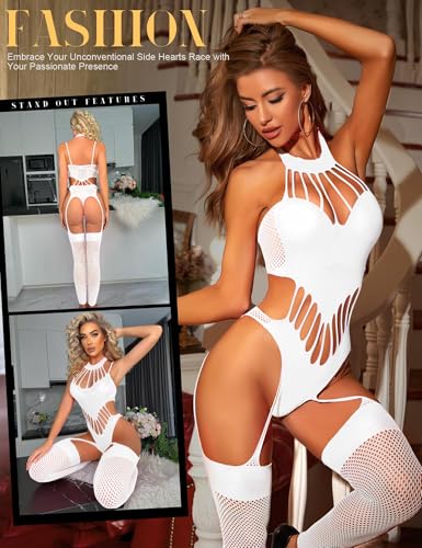 Image of GirlFriend Hot Women's Lingerie Set - Lace Babydoll Outfits 1 Piece Fishnet Bodysuit with attached Mini Skirt with Stockings Babydoll