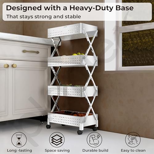 Image of Plantex 4-Tier Multipurpose Storage Trolley with Wheels /Rotating Kitchen Vegetable Rack /Stainless Steel Space Saving Organizer Basket Stand /Heavy Duty Rolling Utility Cart-(Chrome)