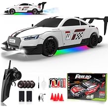 RC Drift Car 1/16 Scale 2.4Ghz 4WD Remote Control Car With Spray & Led Lights, 30+KM/H High Speed RC Drag Car, Racing Sport Toy Cars for Adults Boys Girls Kids Gift 2Pcs Rechargeable Battery