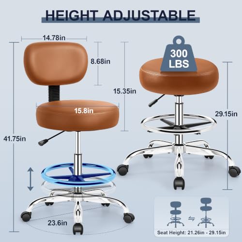 Image of Brick Attic Drafting Chair with Backrest - Adjustable Foot Rest Rolling Stool with Wheels, PU Leather Swivel Stool for Office Spa Studio Lab Counter Salon Home Work Bar Kitchen Shop(Camel)