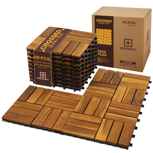 Deckify 9Pcs Acacia Wood Interlocking Patio Deck Tiles, 12 x 12 x 0.9 Inch Outdoor Flooring, Waterproof for All-Weather Use – Crossed, Natural
