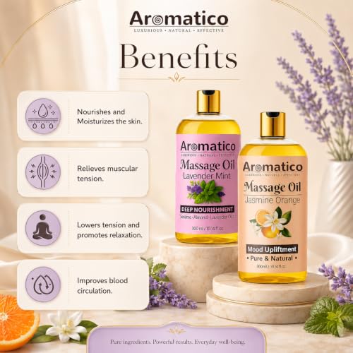 Image of AROMATICO - Lavender Mint & Jasmine Orange Massage Oils Pack of 2. For Mood Upliftment, Muscle Relaxation & Skin Nourishment, 100% Natural, Non-Sticky 300ml Pack of 2