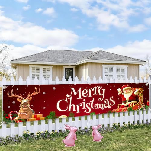 Image of Christmas Sleigh Outdoor Banner 78.7 x 17.7 Inch Santa with Reindeer on Red Background Festive Holiday Decoration for Yard Garden Fence Porch or Patio Display