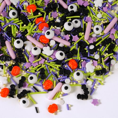 Sujoygar Essbare Halloween Streusel 130G, Schwarz Lila Grüne Streusel für Kuchen, Cupcakes and Plätzchen, Süße Persönlichkeiten Zuckerstreusel für Halloween Party Kuchendekorationen