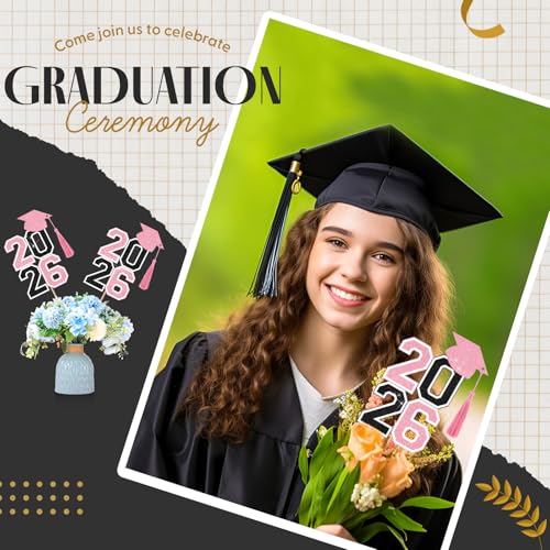 Image of 10 Pcs Graduation Table Centerpieces Sticks with Tassels, class of 2026 Grad Cap Picks Table Decoration Cupcake Toppers for Party Centerpiece Decoration Supplies(Black and Pink)