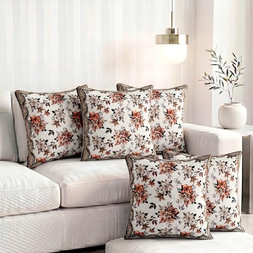 Image of Nendle Printed Holland Velvet Cushion Covers Set of 5, 16 x 16 Inches (40 x 40 cm), Decorative Sofa Cushion Cover with Zipper Closure, Floral Geometric Abstract Bohemian Designs, Multicolor