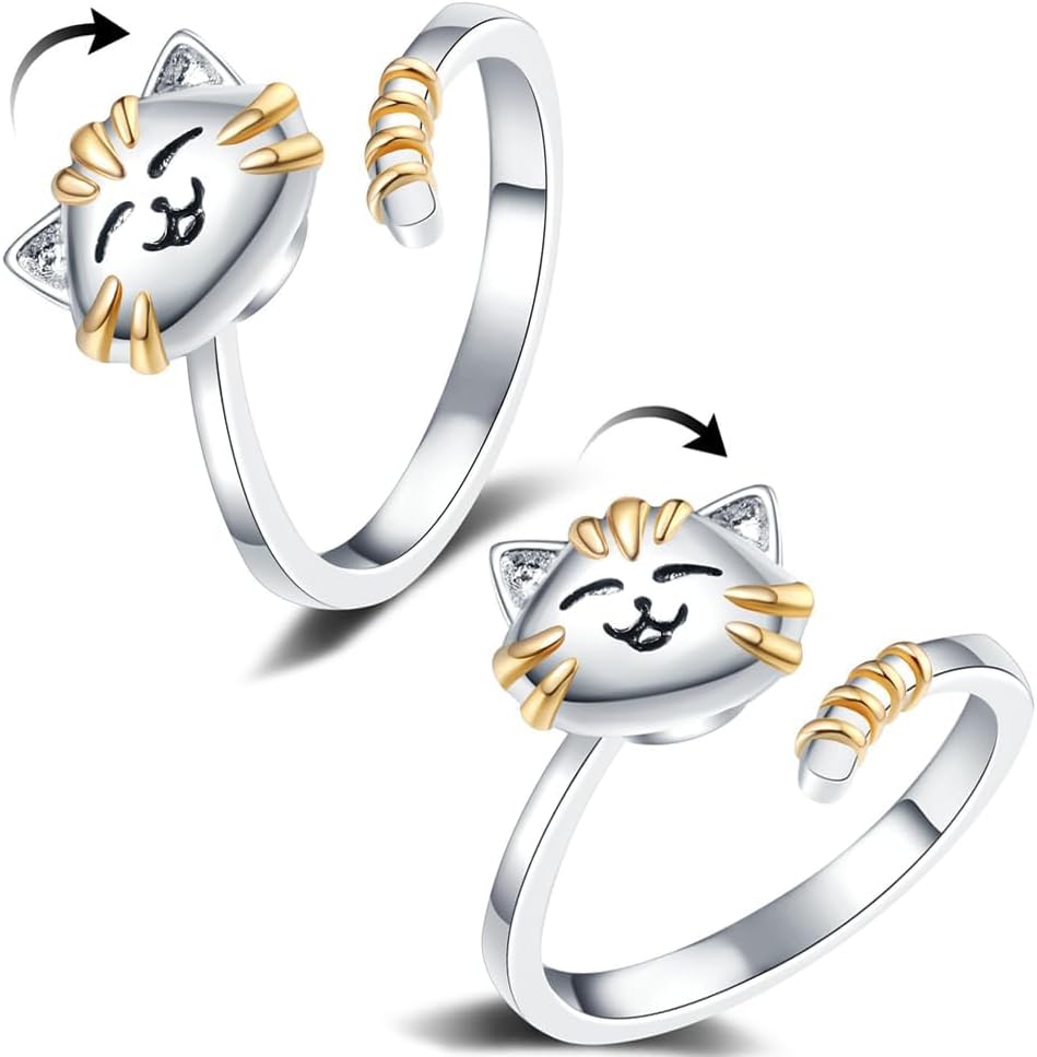 2Pcs Cute Cat Fidget Ring for Best Friend Couple Women Kitten Anxiety Relieve Spinner Adjustable Rings Rotatable Animal Fidget Jewelry Finger Gift