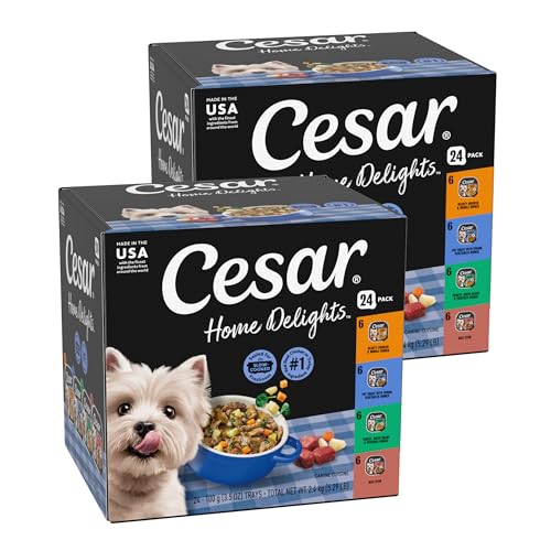 Cesar Home Delights Adult Wet Dog Food, Pot Roast with Spring Vegetables, Beef Stew, Turkey, Green Beans, & Potatoes, and Hearty Chicken & Noodle Dinner in Sauce Variety Pack, 3.5 oz. 24 Count