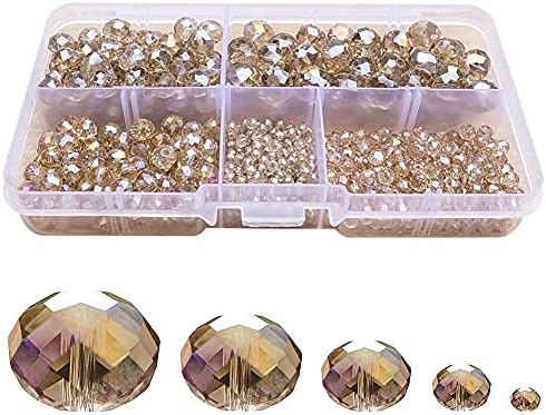 Chengmu 2-10mm Silver Champagne Rondelle Glass Beads for Jewelry Making AB Colour 710pcs Faceted Briolette Shape Crytal Spacer Beads Assortments Supplies for Bracelet Necklace with Elastic Cord Box