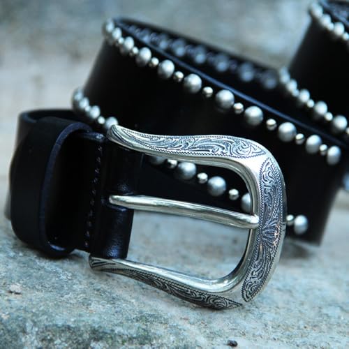 Women's Men's Studded Belt 2 Row Punk Rock Metal Round Rivet Waist Strap with Engraved Flower Buckle for All Outfits3