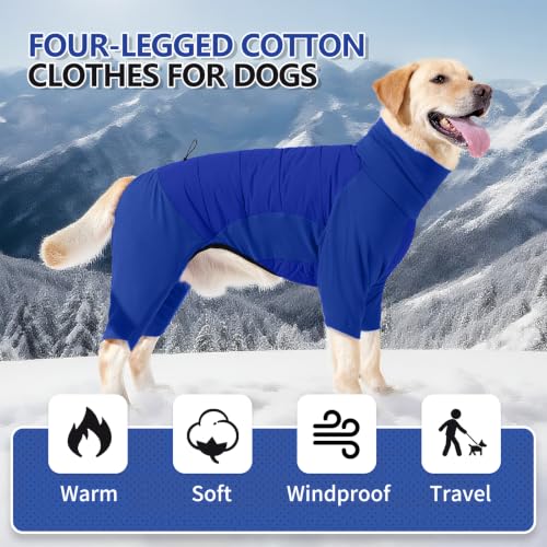 Image of BRKURLEG Full Body Dog Winter Coat Warm Fleece Pullover Pajamas, Four Legs Covered Windproof Dog Jacket for Small to Large Dogs, Turtleneck Dogs Snowsuit, Pet Cold Weather Clothes, Blue XXL