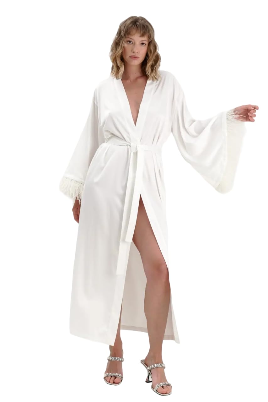 Bella Babe by SKLuxe Satin Robe with Ostrich feather | Full Length | Thick Tear free Satin | Bachelorette Robe | Dressing Gown | Long Lasting Fabric | Dual Belt Closure | Side Pockets | XS to 3XL Size
