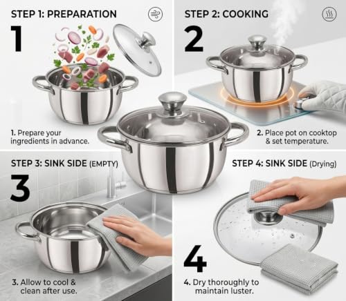 Image of Stainless Steel with Toughen Glass Lid Handi Set /Dutch Oven Induction & Gas Stove Friendly Cook and Serve Handi Set with Toughen Glass Lids with Dishwashing Rag Free