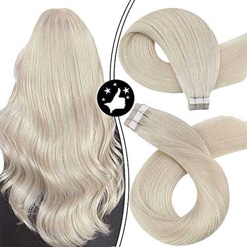Moresoo Blonde Hair Extensions Tape in Human Hair Extensions 14 Inch Tape in Skin Weft Hair #60A White Blonde Seamless Tape in Real Hair Extensions 40g Invisible Double Side Tape 20pcs