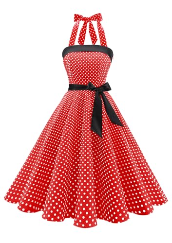 Timormode Damen Vintage Cocktailkleid Knielang Neckholder Swing Retro Rockabilly Kleid M Klein Rot Weiß