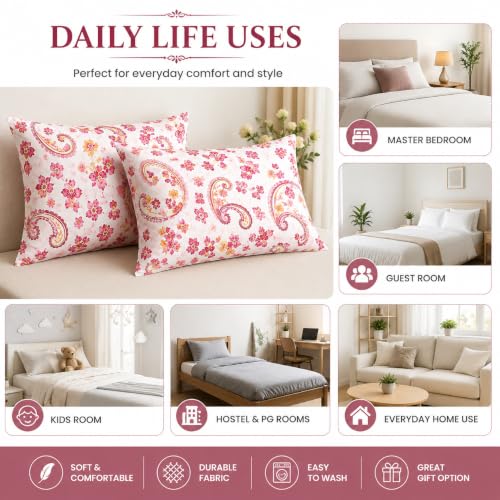 Image of Microfiber Pillow Cover 17x27 Inch (Pack of 2) | Soft & Durable | Ideal for Bed & Sofa Paisley Pink