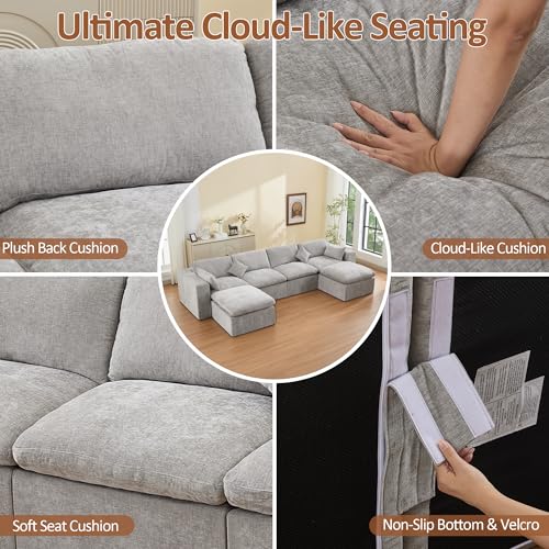 Image of 146''Cloud Boneless Sectional Couch, Modular Sectional Sofa Deep Seat with 2 Ottomans, Oversized Upholstered Convertible Comfy 6 Seater Chenille Sofa U Shape Couches for Living Room, Light Grey