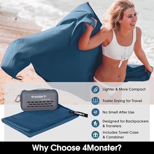 Image of 4Monster Quick Dry Travel Towel with Case & Carabiner - Super Absorbent Microfiber Gym & Camping Towel. Compact, Lightweight, Fast Drying for Beach, Swimming, Hiking, Backpacking