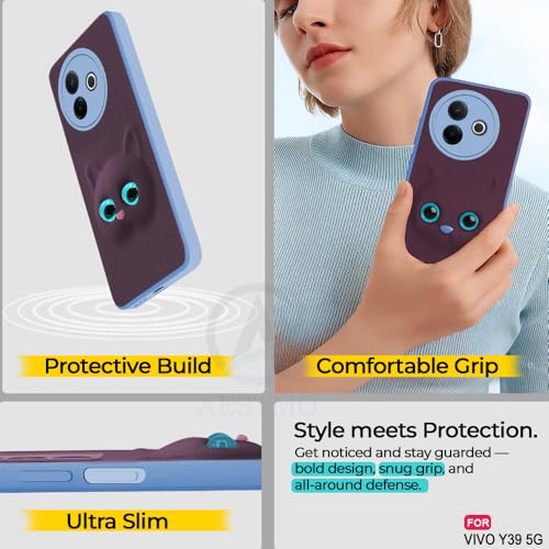 Image of AESTMO Back Case Cover for Vivo Y39 5G Back Cover | 3D Cat Cover | Leather Finish | Full Body Protection | Camera Protection Back Cover for Vivo Y39 5G (Purple)