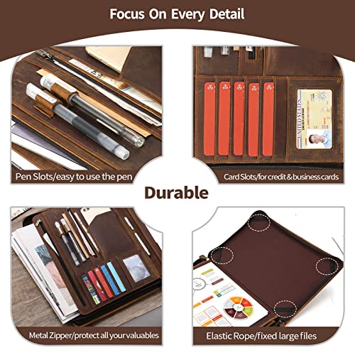 Ringsun Genuine Leather Portfolio Organizer for Men Women with Handle, Full Grain Leather Padfolio Folder with Zipper Business Resume Portfolio for 12.9" iPad, Brown, RS118