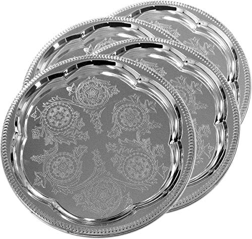 Maro Megastore (Pack of 4) 11.8-Inch Elegant Round Floral Pattern Engraved Catering Chrome