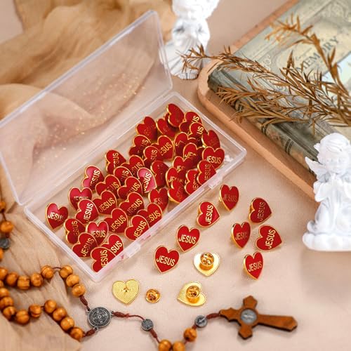 Image of Juexica 50 Pcs Religious Sacred Heart of Jesus Pins Bulk Christian Favors Cross Enamel Lapel Brooch Red Heart Pins for Clergy Appreciation Gift Church Funeral Sunday School