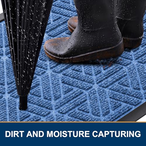 Smiry Front Door Mat Outside Entrance, Heavy Duty Natural Rubber Doormat, Trap Dirt and Moisture Easy Clean Low Profile Patio Porch Welcome Floor Mats for Entry, 29.5x17 Inch, Blue