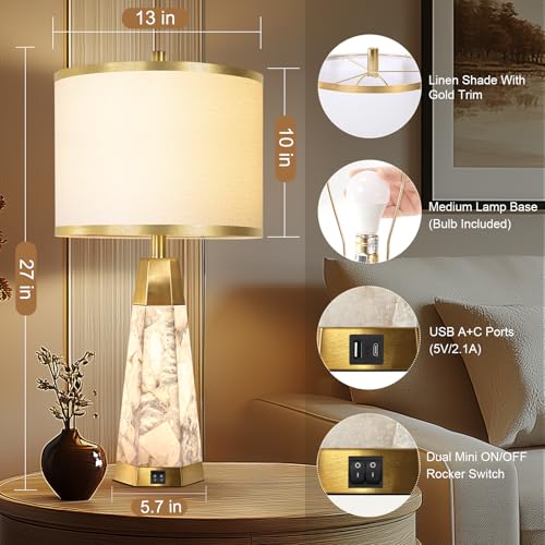 27" Natural Alabaster Table Lamps Set of 2 - Lamps for Living Room with Night Light, Bedside lamps with White Linen Shade, Nightstand Table Lamp with USB A+C Port for Bedroom Office (bulb included) - Image 3