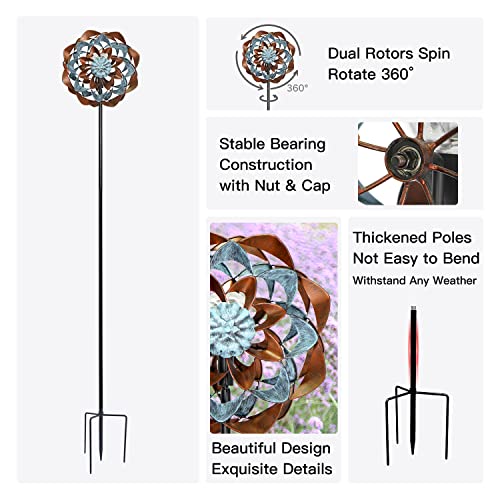 Cyan Oasis Yard Garden Wind Spinners With Solar Lights, Outdoor Metal Flower Wind Spinners, Lawn Yard Art Garden Decor (13" W X 74" H) #TOP4