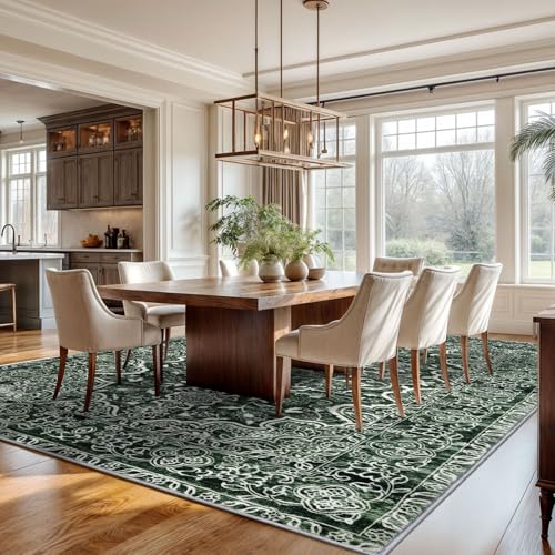 KUTA Dark Green Area Rug 9x12 Living Room, Washable Large Rugs for Bedroom 9ft x 12ft Non-Slip, Ultra Soft Printed Vintage Medallion Dining Room Low-Pile Carpet for Office