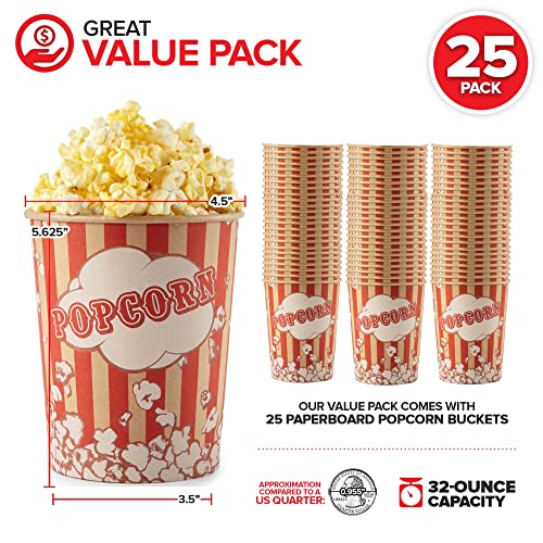 Image of Stock Your Home 32 Oz Kraft Popcorn Buckets (25 Count) - Greaseproof Vintage Style Disposable Popcorn Containers for Movie Theaters, Amusement Parks, Concession Stands & Themed Parties